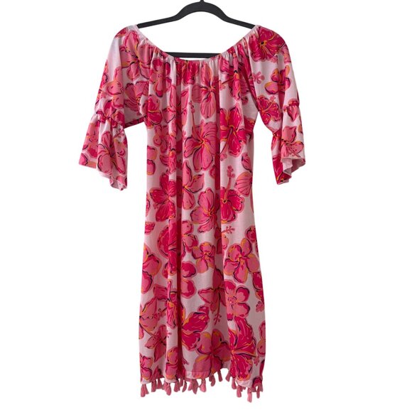 Simply Southern Pink Floral Off-Shoulder Dress W/ Tassels Medium - Picture 2 of 10